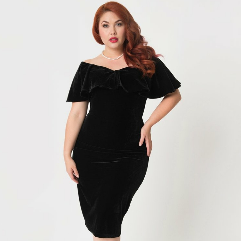 Black Velvet Draped Off Shoulder Wiggle Dress